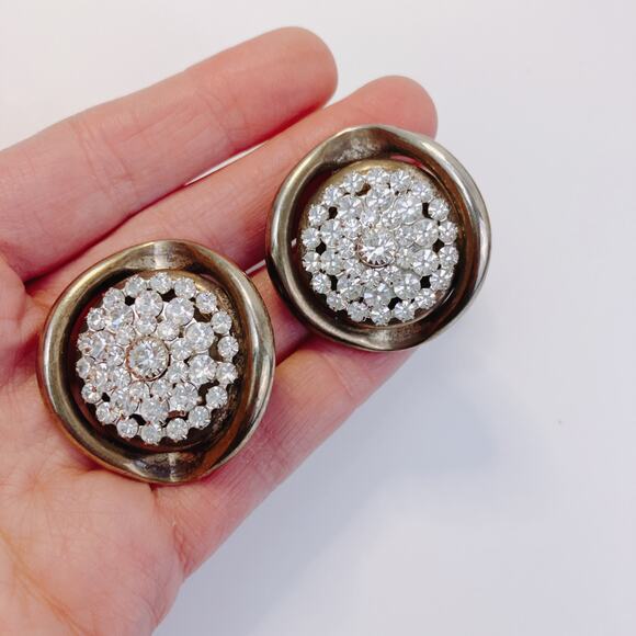 Vintage Silver-Toned Rhinestone Clip-On Earrings, Mid-Century 50s 60s - Picture 2 of 5